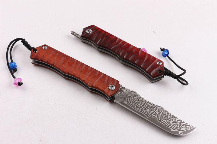 Red Wave Damascus steel blade material no lock folding knife UD404436